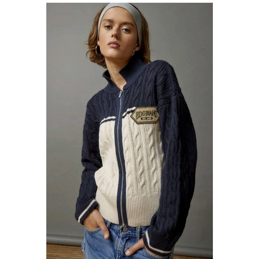 Cable Knit Zip-Up Cardigan Sweater size M Vintage Varsity Preppy 90s vibe